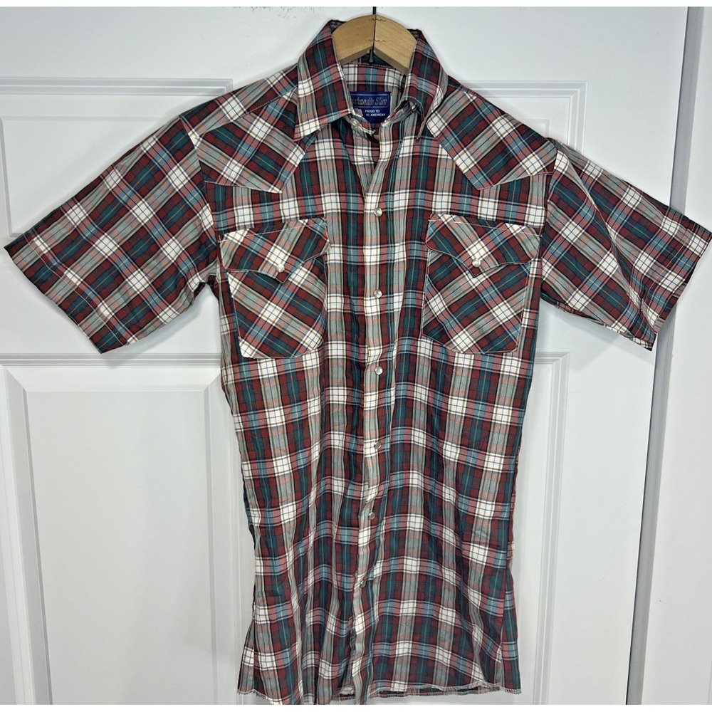Panhandle Slim VTG Golden West Pearl Snap Men S Slim Fit Permanently Press Plaid - Picture 2 of 9